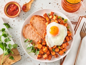 Meati™ Breakfast Patty Sweet Potato Hash & Fried Egg recipe